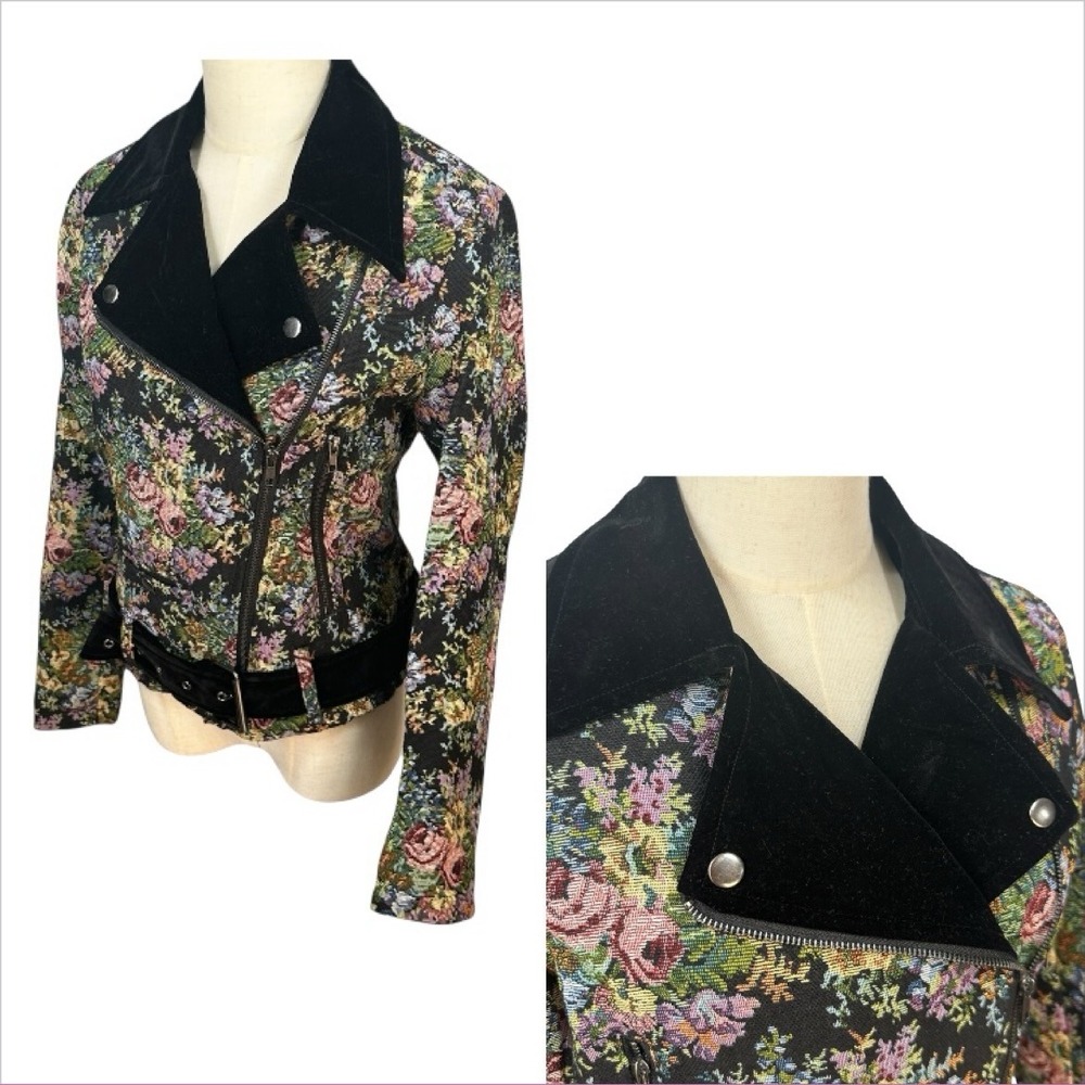 Anna Cai Floral Tapestry Moto Jacket Velvet Collar Baroque Boho Chic NWT Size M